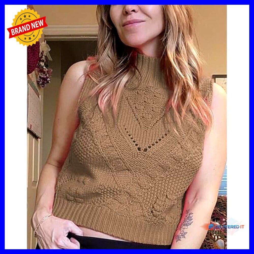 Turtleneck Crochet Sweater Vest Lightweight Knit Sleeveless Pullover - Picture 6 of 7